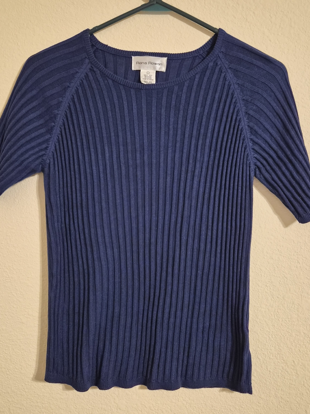 Rena Rowan Vertical Ribbed Scoop Neck Sweater 100% Silk - Navy